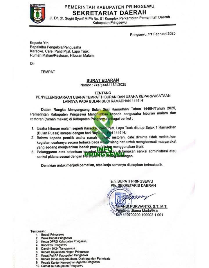 Pemkab Pringsewu Wajibkan Tempat Hiburan Tutup Selama Ramadhan, Pelanggar Akan Ditindak!