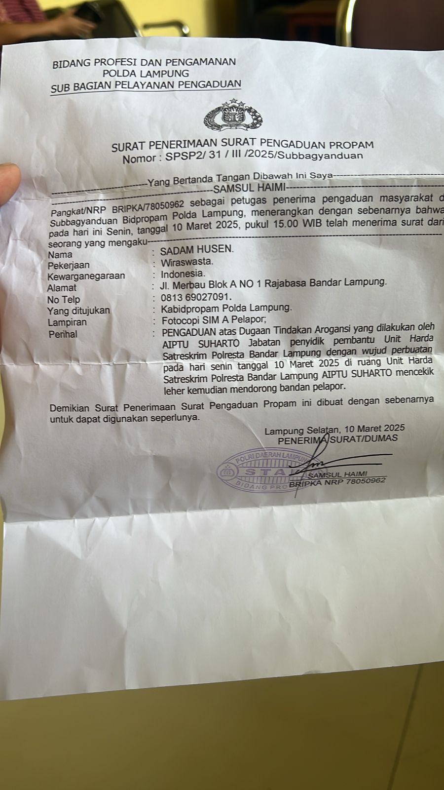 Wiraswasta di Bandar Lampung Melapor ke Propam Polda Lampung, Mengaku Dicekik oleh Oknum Penyidik