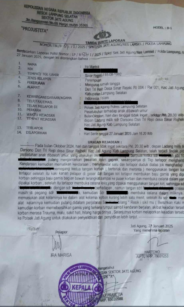 Kasus Persetubuhan Anak di Jati Agung Masih Menggantung, Pelapor Tuntut Kejelasan Proses Hukum