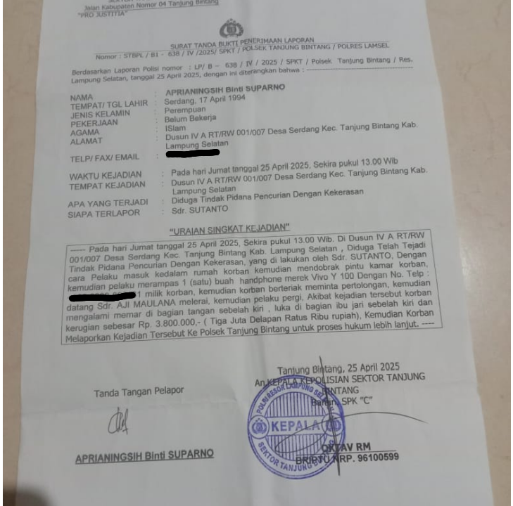 Dobrak Rumah Janda di Tanjung Bintang, Pelaku Rampas HP dan Tinggalkan Luka