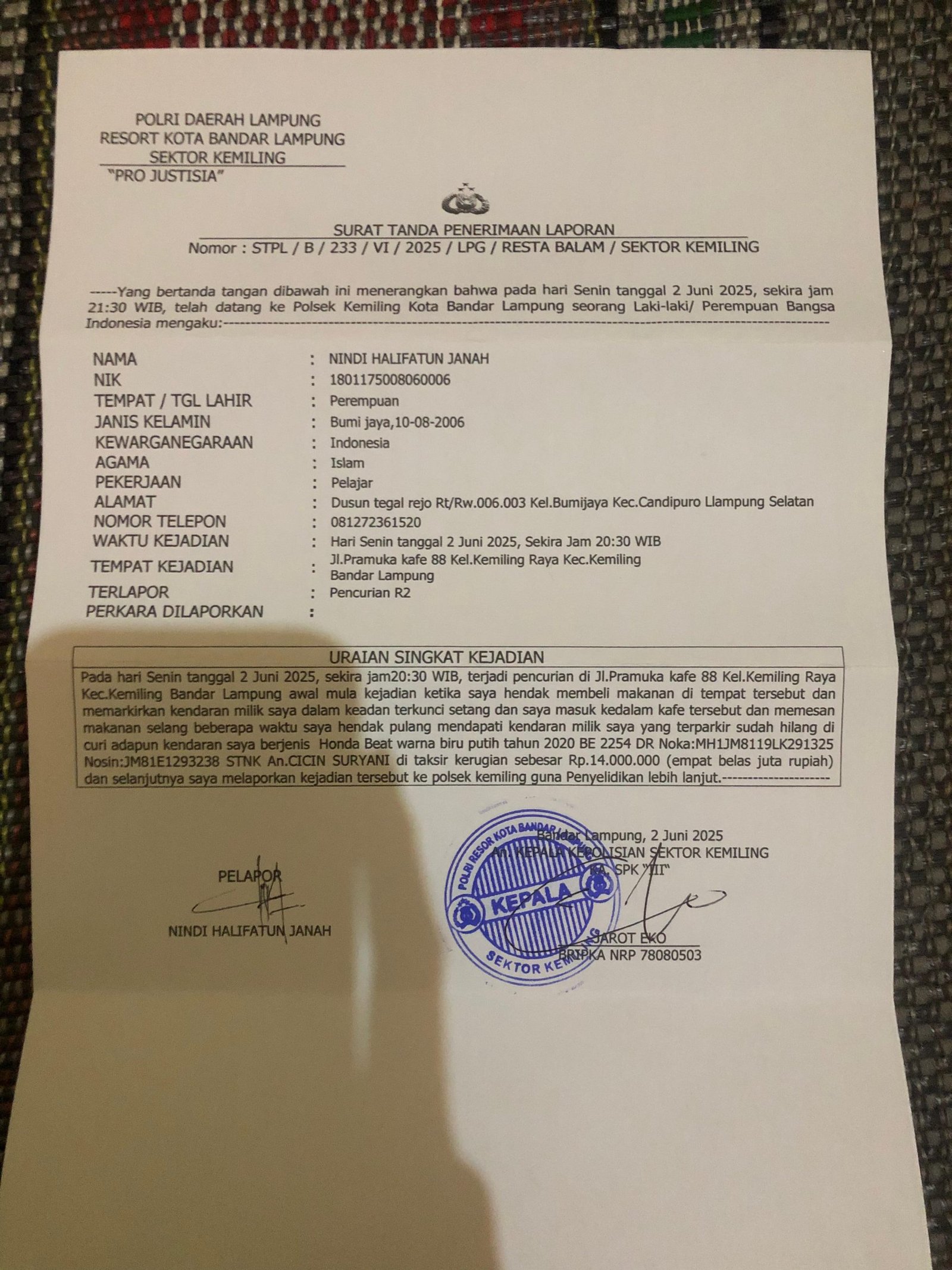 Mahasiswi Kehilangan Motor di Depan Kafe Pramuka Kemiling