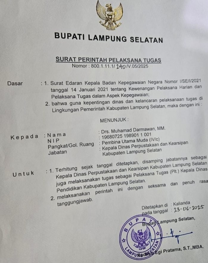 Bupati Lamsel Tunjuk Muhammad Darmawan sebagai Plt Kadisdik Gantikan Asep Jamhur