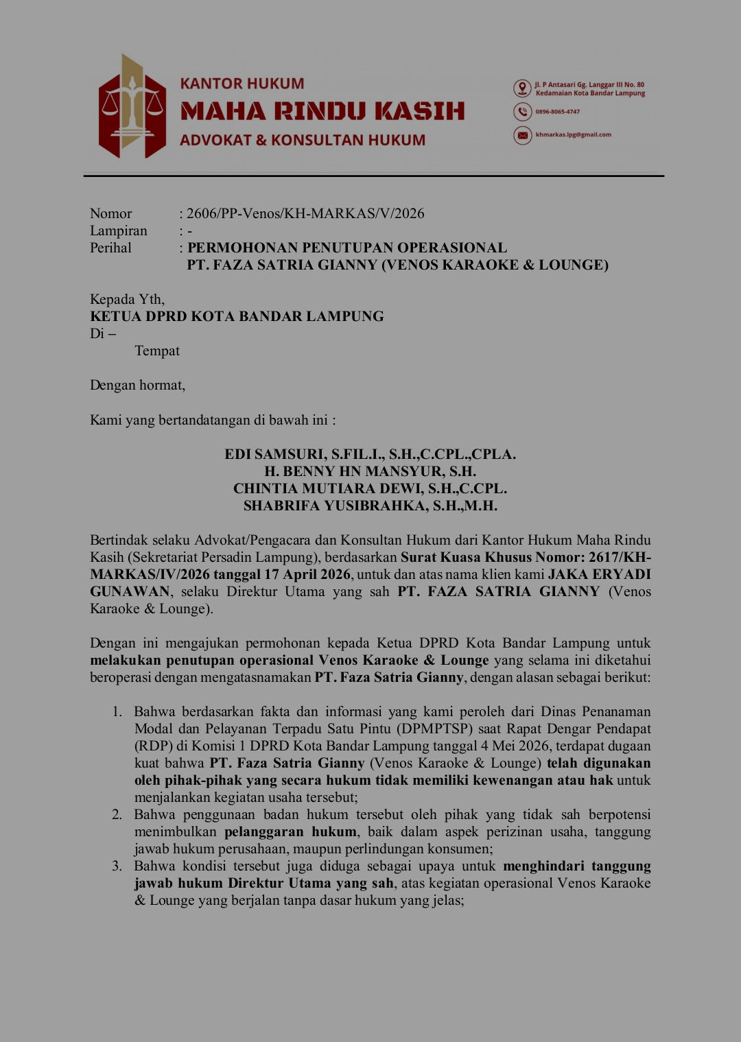 Konflik Venos Karaoke Memanas, Kuasa Hukum Desak Wali Kota Tutup Operasional