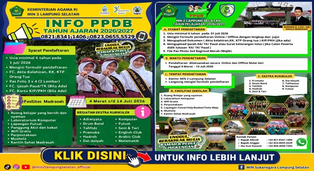 PPDB MIN 2 Lampung Selatan 2026/2027 Dibuka, Siapkan Generasi Unggul dan Berakhlak Mulia