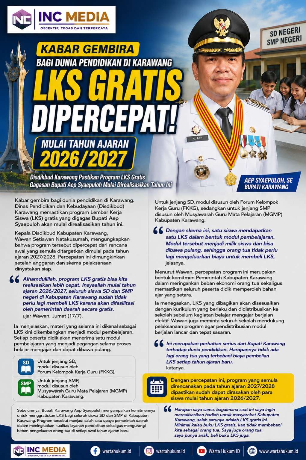 LKS Gratis Karawang Resmi Dimulai Tahun Ajaran 2026/2027, Disdikbud Pastikan Seluruh Siswa SD dan SMP Negeri Terima Modul Gratis