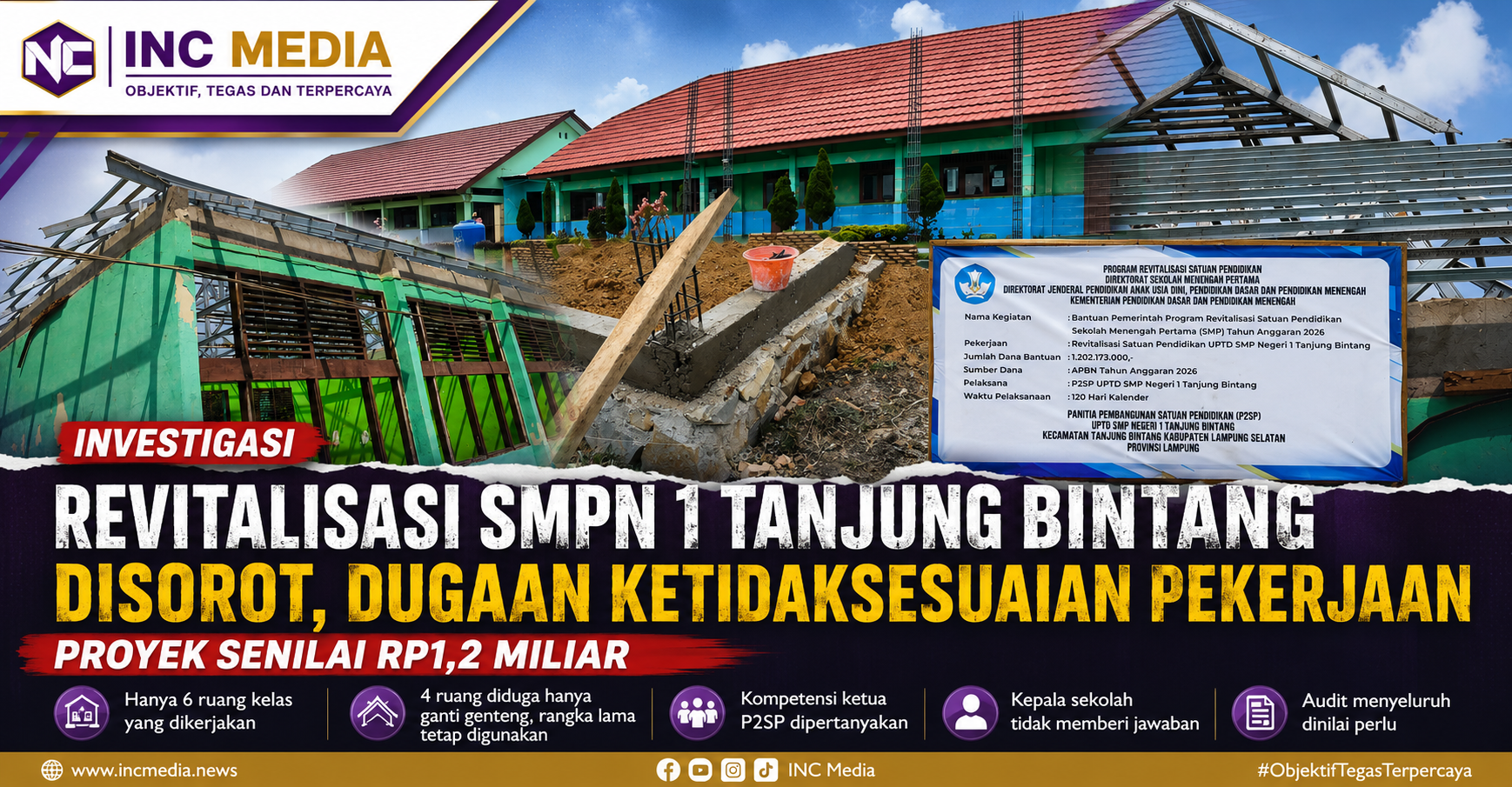 Revitalisasi SMPN 1 Tanjung Bintang Disorot, Dugaan Ketidaksesuaian Proyek Rp1,2 Miliar Jadi Sorotan