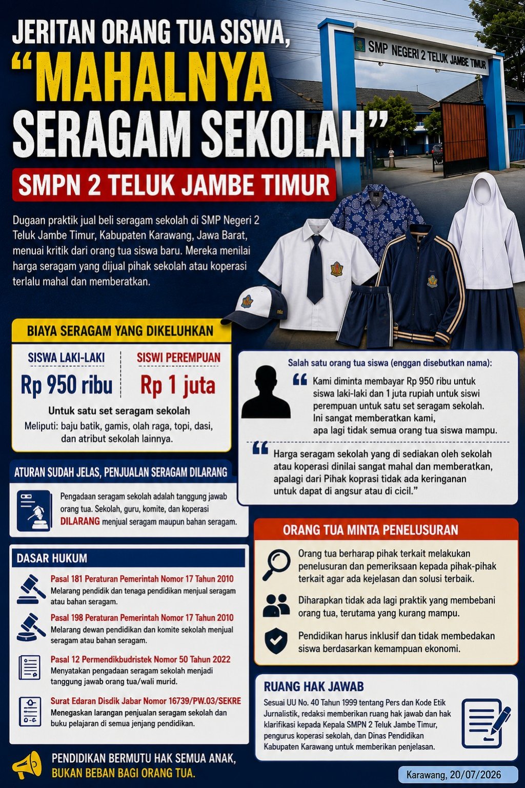 Dugaan Penjualan Seragam Sekolah Jadi Sorotan, Orang Tua Siswa SMPN 2 Telukjambe Timur Minta Dinas Pendidikan Turun Tangan