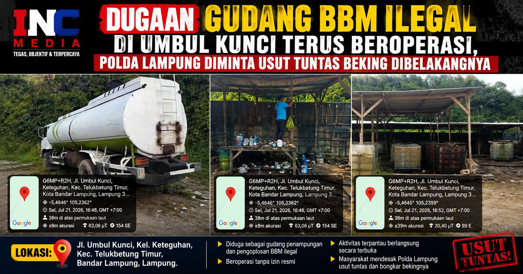 Gudang BBM Ilegal umbul kunci: Polda Lampung Didesak Bertindak, Pengelola Klaim Pengurus Gudang Anggota TNI AL