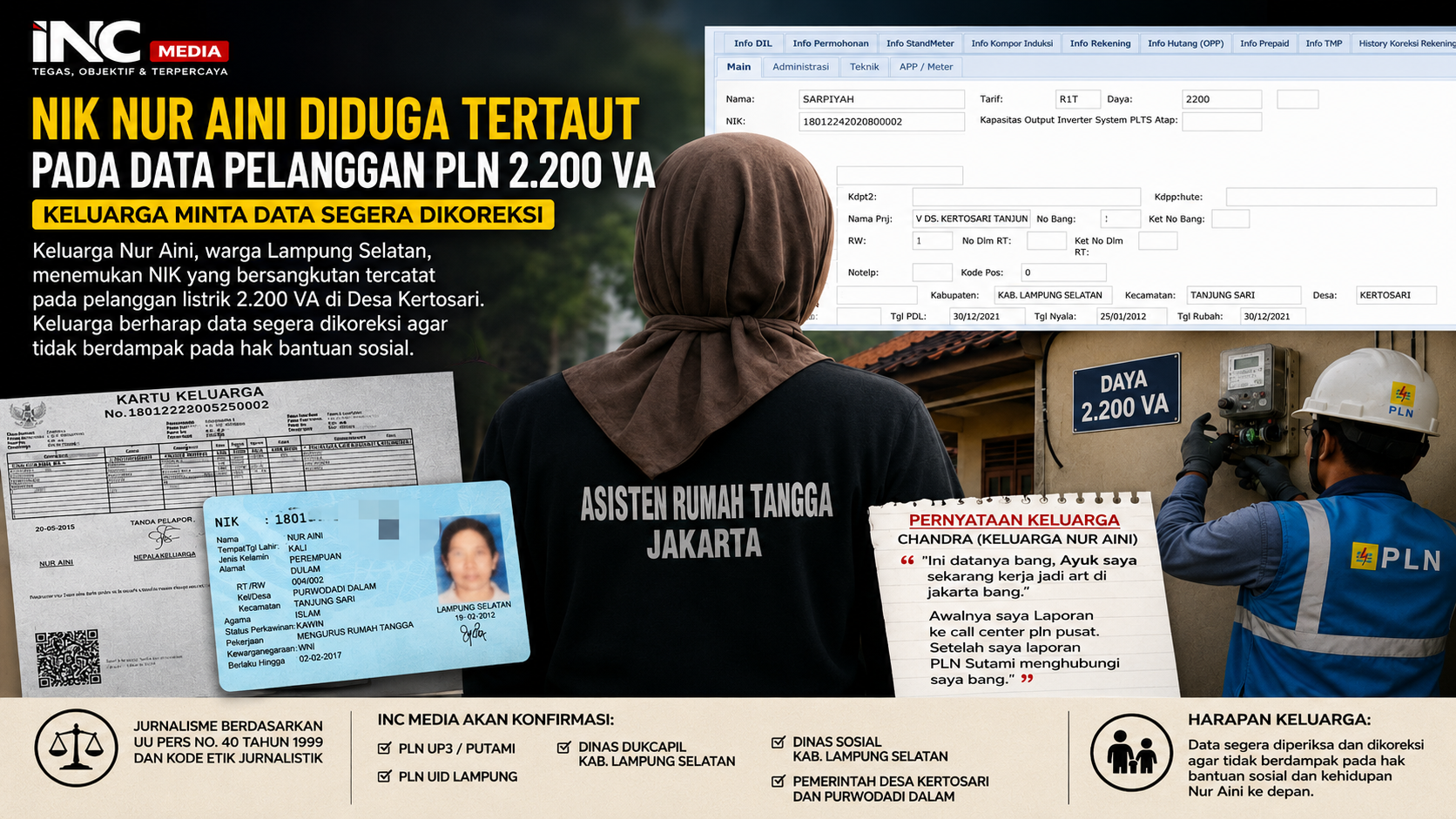 NIK Nur Aini Diduga Tertaut Data Pelanggan PLN 2.200 VA, Keluarga Minta Data Segera Dikoreksi