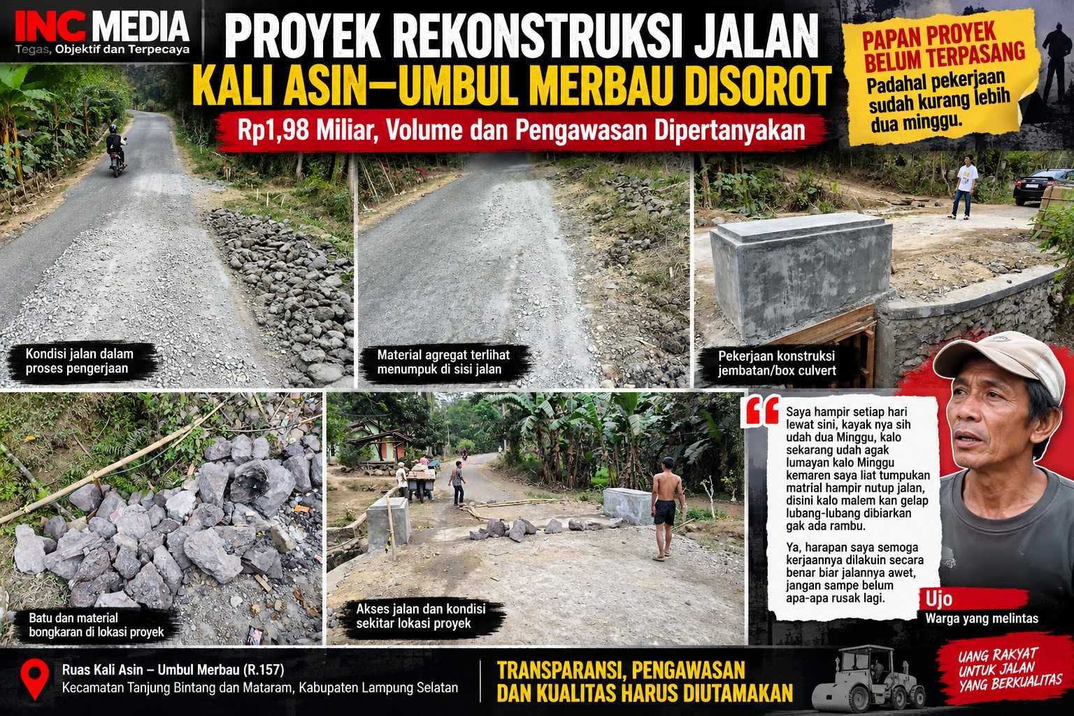 Proyek Rekonstruksi Jalan Kali Asin–Umbul Merbau Disorot, Rp1,98 Miliar Dipertanyakan