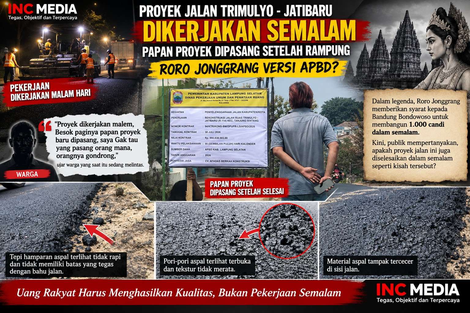 Proyek Jalan Trimulyo–Jatibaru Dikerjakan Semalam, Papan Proyek Dipasang Setelah Rampung: Roro Jonggrang Versi APBD?