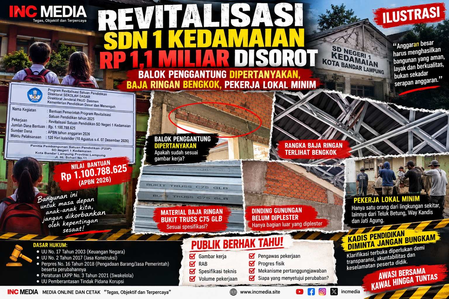 Revitalisasi SDN 1 Kedamaian Rp1,1 Miliar Disorot: Balok Penggantung Dipertanyakan, Baja Ringan Bengkok, Pekerja Lokal Minim