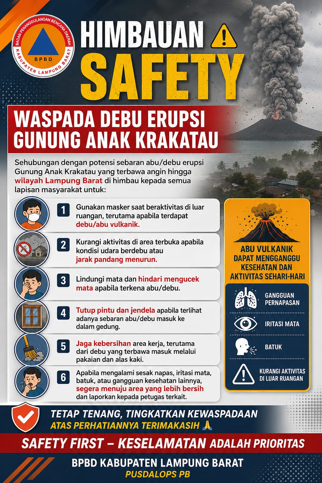 Debu Gunung Anak Krakatau Terdeteksi di Lampung Barat, BPBD Keluarkan 6 Imbauan Mendesak